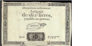 10 Livres.

10/24/1792 issue. Banknote