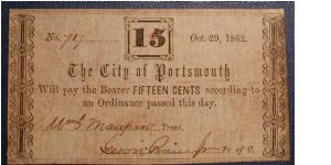 City of Portsmouth 15 Cents Fractional Note 1862. Banknote