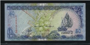 50 Rufiyaa.

Dhow at right on face; village market in Malé on back.

Pick #new Banknote