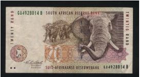 20 Rand.

Elephants at center, large elephant's head at right on face; open pit mining at left center on back.

Pick #124 Banknote