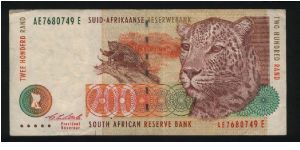 200 Rand.

Leopard at center, large leopard's head at right on face; dish antenna at upper left, modern bridge at lower left on back.

Pick #127a Banknote