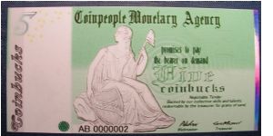 Coinpeople Currency 5 Coinbucks Serial 02. Banknote
