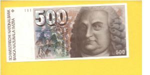 500 Franken.

Format: 181x82mm

Albrecht von Haller at right and mountains (Gemmi Pass) at left on face; anatomical muscles of the back, schematic blood circulation and a purple orchid flower on vertical format on back.


Pick #58b Banknote