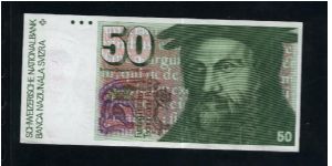 50 Franken.

Format: 159x74mm

Konrad Gessner on face; eagle owl, Primula auricu-la plant and stars on vertical format on back.

Pick #56

date of issue NOT REPORTED ANYWHERE. Banknote