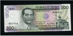 200 Piso.

Diosdado Macapagal and Aguinaldo shrine on face; scene of swearing in of Gloria Macapagal-Arroyo on back.

Pick #195b Banknote