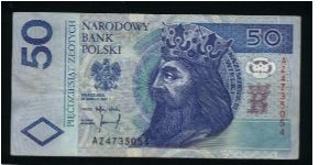 50 Zlotych.

King Kazimierz III Wielki on face; eagle from seal, orb and sceptre and town wiews of Cracow and Kazimierz on back.

Pick #175a Banknote