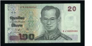 20 Bath.

Commemorative issue.

King Rama IX wearing Field Marshal's uniform on face; Procession with King in military uniform and new bridge on back.

Pick #110 Banknote