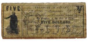 $5.00 Texas Treasury Warrant 
Possibly a replica but this was one of the original notes from my husband's boyhood collection so I will keep it regardless of whether it is authentic or not. Banknote