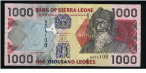 1000 Leones.

Bai Bureh and carving on face; dish antenna on back.

Pick #24 Banknote