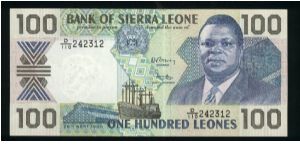 100 Leones.

Pres. Dr.Joseph Saidu Momoh and ship on face; Central Bank building on back.

Pick #18c Banknote