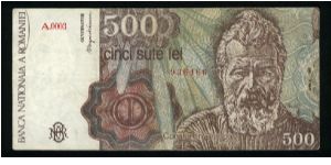 500 Lei.

Constantin Brancusi on face; Brancusi seated with statue on back.

Pick #98b Banknote