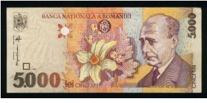 5000 Lei.

Lucian Blaga and daffodil on face; vine leaf and roadside crucifix on back.

Pick #107 Banknote