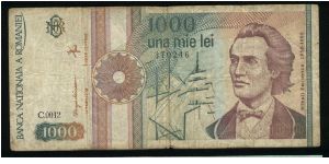 1000 Lei.

Circular shield at left (September 1991).

Mihai Eminescu and sails of sailing ship on face; Putna monastery on back.

Pick #101a Banknote