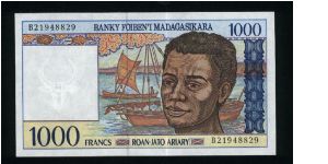 1000 Francs=200 Ariary.

Young man and boats on face; young women with basket of shellfish and fisherman with net on back.

Pick #76 Banknote