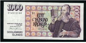 1000 Kronur.

Bishop Byrnijolfur Sveinsson with book on face; church on back.

Pick #56 Banknote