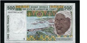 500 Francs.

Serial -S- prefix (Guinea-Bissau).

Man and flood control dam on face; farmer riding spray rig behind garden tractor and native art on back.

Pick #810T-h Banknote