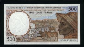 500 Francs.

Serial -E- prefix (Cameroon).

Shepherd at left and zebus at center on face; baobab, antelopes and Kota mask on back.

Pick #201E-a Banknote