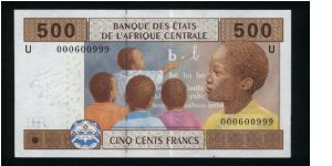 500 Francs.

Central African States.

Serial -U- prefix (Cameroon).

Young man at right and children at school at center on face; young woman behind local huts on back.

Pick #new Banknote