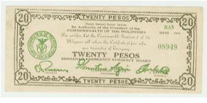 A 20 Peso Emergency currency note (Guerilla Note) from Mindanao. This Province is where all the Abu Sayaf problems are now, and is primairly Muslim. During the WWII, this province was one of the Fiercest opponents in the guerilla campaign against the Japanese invaders. Banknote