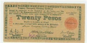 1945 Philippines Guerilla 20 Peso note from Negros. This is a good example of how these notes were printed on anything thatwas handy, as this note Certainly was printed on a Brown Paper Bag! Banknote
