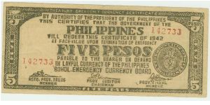 Philippine Five Peso Guerilla Note from Bohol. Another of the BPGnotes (brown paper bag), but actually one of the nicer, clearer printed guerilla notes. The seal on this one does NOT say United States of America! Banknote