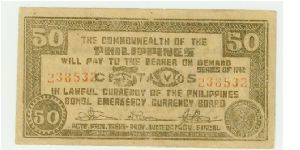 Philippine Fifty Centavos Guerilla note from Bohol. Most likely printed on brown paper bag material. Banknote