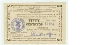 Philippine Fifty Centavos Guerilla (emergency) note. This is the Blue Seal note, and first to be printed bi-lingually. Banknote