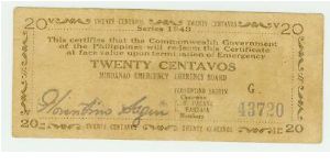 SCARCE Philippine Guerilla Note! This is a Twenty Centavos Guerilla (emergency currency certificate) note with a Cent symbol after the value, and measurinfg just 4.5 x 10.5 cm, and the SMALLEST note issued during the war. Banknote