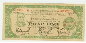 Philippine Guerilla Twenty Peso note with one of several Prominent Americans featured. This one bears the portrait of President Roosevelt, and was issued from ILOILO. Banknote