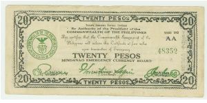 Philippine Guerilla (emergency currency) note. This is a SCARCE AA series note from Mindanao. Banknote