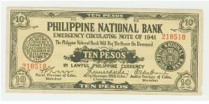 Philippine Guerilla (emergency currency) Ten Peso Note from Cebu. These Cebu Philippine National Bank (PNB) notes are about the nicest and most professional looking of all the guerilla issues. This note is crispy/aunc, about as close to perfect as you get with these notes. Banknote