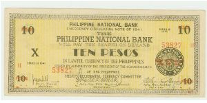 Philippine Guerilla (emergency currency) Ten Peso Note from the  Negros Occidental city of Bacolod. Crisp AUNC, about as nice as you will see of this issue. Banknote