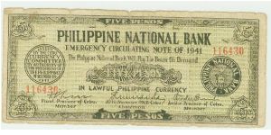 Philippine National Bank (PNB) Emergency currency Five Peso note. Banknote