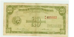 The First Twenty Centavos note issued by the Commonwealth of the Philippines, Central Bank of the Philippines. Also the Smallest note issued by the Commonwealth (5.5cm x 10.5cm) Banknote