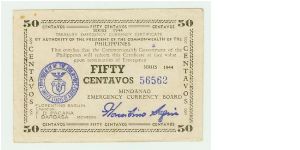 Philippine 50 Centavos Emergency Currency Certificate (Guerilla note of 1944) from Mindanao. Banknote