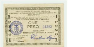 Philippine One Peso (Guerilla Note) Emergency Currency Certificate of 1944, from Mindanao. Alot of the heavy fighting (guerilla warfare) was seen here, in the South Island of Mindanao. This is now the HOT SPOT in the Philippines, with a Majority Muslim population fighting for an independent Muslim State. Banknote