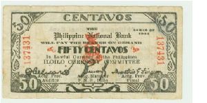 RARE!! Philippine 50 Centavos Emergency Currency issued by The Philippine National Bank (PNB). This is the Smallest and Thinnest note issued by PNB, on Very thin stock! Banknote