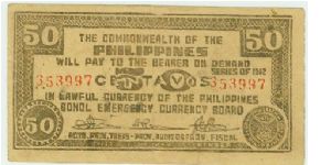VERY SCARCE! Philippine 50 Centavos  Guerilla Note from Bohol, on Thick Waxpaper-like stock! Banknote