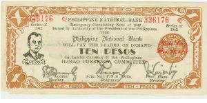 WWII Philippine National Bank Ten Peso Emergency currency issue from ILOILO city. Scarce red serial numbers. Banknote