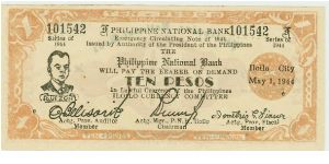 WWII Philippine National Bank 10 Peso ILOILO issue in MINT condition, on WAFER THIN stock! Banknote