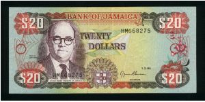 20 Dollars.

N.N. Nethersole at left, flag in underprinting, arms below on face; Bank of Jamaica building on back.

Pick #72e Banknote