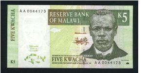 5 Kwacha.

J. Chillembwe at right, sunrise and fisherman at center, and bank stylized logo at lower left on face; villagers mashing grain at left on back.

Pick #36 Banknote