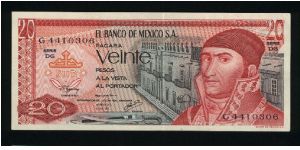 20 Pesos.

J. Morelos y Pavon at right with building in background on face; pyramid of Quetzalcoatl on back.

Pick #64d Banknote