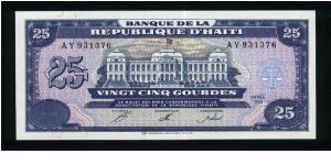 25 Gourdes.

Palace of Justice at center on face; arms at center on back.

Pick #262a Banknote