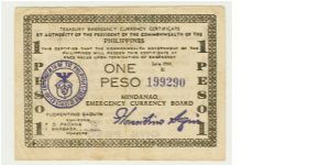WWII PHILIPPINES GUERILLA/EMERGENCY ONE PESO NOTE FROM MINDANAO. THIS NOTE HAS AN E UNDER THE SERIES 1944. MOST OF THESE NOTES HAVE NO LETTER. Banknote