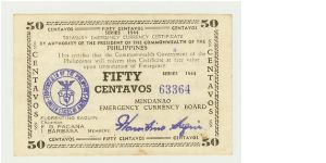 WWII PHILIPPINES 50 CENTAVOS GUERILLA/EMERGENCY NOTE FROM MINDANAO. Banknote