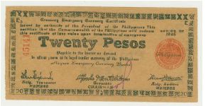 MINT!! WWII PHILIPPINE TWENTY PESO GUERILLA/EMERGENCY NOTE FROM NEGROS. Banknote