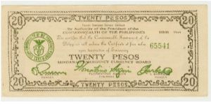 WWII PHILIPPINES 1944 TWENTY PESO GUERILLA/EMERGENCY NOTE FROM MINDANAO. EF/AU! Banknote