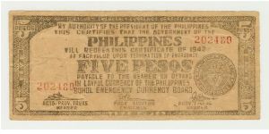 SCARCE! WWII PHILIPPINES FIVE PESO GUERILLA/EMERGENCY NOTE FROM TAGBILARAN, BOHOL. Banknote