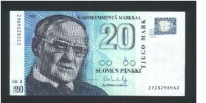 20 Markkaa.

Vaino Linna at left on face; Tampere street scene on back.

Pick #123 Banknote